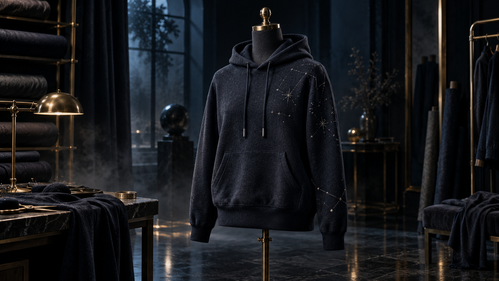 Midnight luxury atelier with a constellation-embroidered natural-fibre hoodie