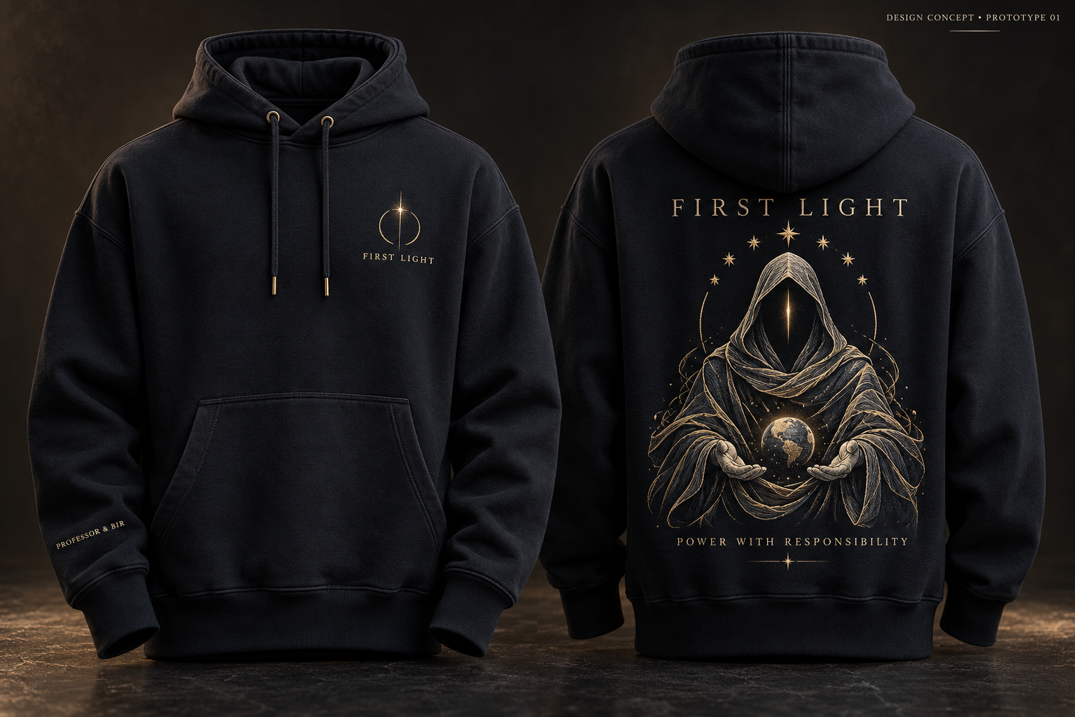 First Light concept: midnight hoodie with a small gold dawn emblem on the front and an embroidered hooded guardian sheltering a globe on the back