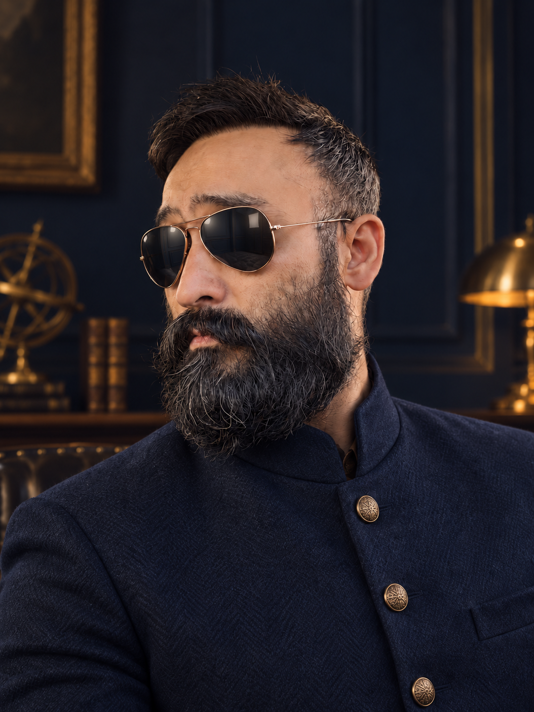 The Uninfluenced founder and model wearing a midnight navy high-collar coat